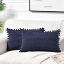 Fancy Homi Set of 2 Navy Blue Decorative Throw Pillow Covers 12x20 Inch with Pom-poms for Couch Bed Sofa, Modern Farmhouse Boho Home Decor, Soft Plush Corduroy Cute Cushion Case 30x50 cm