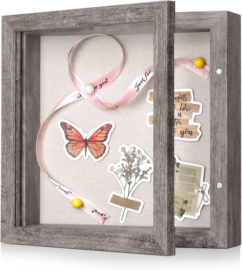 8x8 Shadow Box Frame with Linen Back - Sturdy Rustic Memory Display Case of Flower, Pictures, Medals and More, Rustic Gray