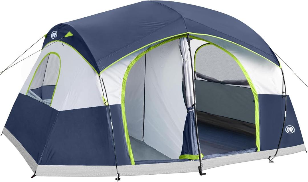 UNP Camping Tent 8/9 Person, Family Camping Tent, 5 Large Ventilation Mesh Windows, 14'x14'x78 inches Tall with Dividers Curtain for 2 Room (Dark Blue)