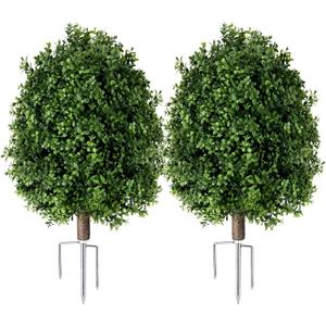 QCQHDU Artificial Boxwood Topiary Ball Bush for Outdoor, 26.8" Fake Trees Evergreen Plants with Ground Spike,UV Resistant Faux Greenery Shrubs for Indoor,Garden,Yard,Front Porch,Patio Decor,Set of 2