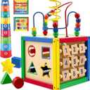 Play22 Wooden Activity Cube for Baby - 6 in-1 Baby Activity Play Cube with Bead Maze, Shape Sorter, Abacus Counting Beads, Counting Numbers, Sliding Shapes, Removable Bead Maze, 8Pcs Stacking Cups