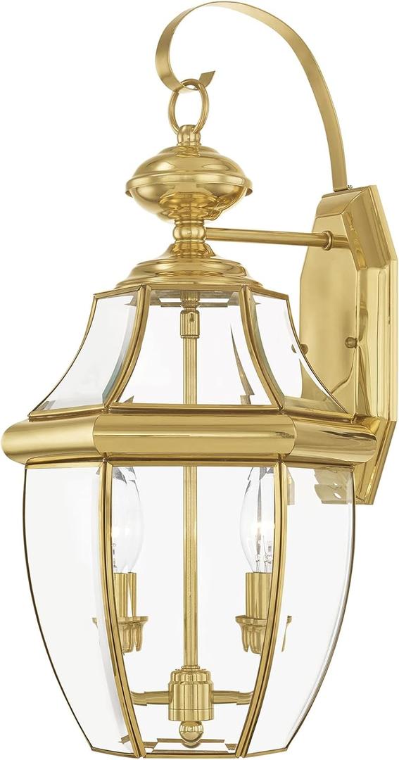 Livex Lighting 2251-02 Monterey 2 Light Outdoor Polished Brass Finish Solid Brass Wall Lantern with Clear Beveled Glass, 20.25" x 10.5" x 10"