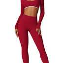 ABOCIW Workout Sets for Women Long Sleeve Crop Top with Built in Bra Halter Open Back Yoga Shirts Butt Lifting High Waist Leggings with Pockets 2 Piece Gym Sets Cherry Red Small