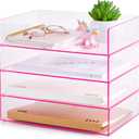 Harloon 4 Tier Paper Organizer Letter Tray Pink Acrylic Desk File Organizer Heavy Duty Stackable Documents Clear Letter Paper Holder Office Tray for A4, Office Classroom Home File Pad Notebooks