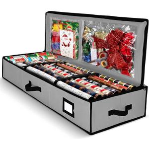 Gift Wrap Organizer, Christmas Wrapping Paper Storage Bag w/Useful Pockets for Xmas Accessories, Fits Upto 24 Rolls, Underbed Storage for Holiday Decorations, Large Capacity Storage Box (Gray)