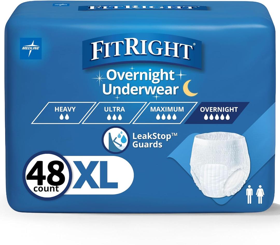 FitRight Overnight Unisex Extra Large Underwear, (56-68 in Waist) 48 Count (4 Bags of 12), Maximum All Night Disposable Incontinence Protection, Pull-On Absorbent Underwear for Men and Women