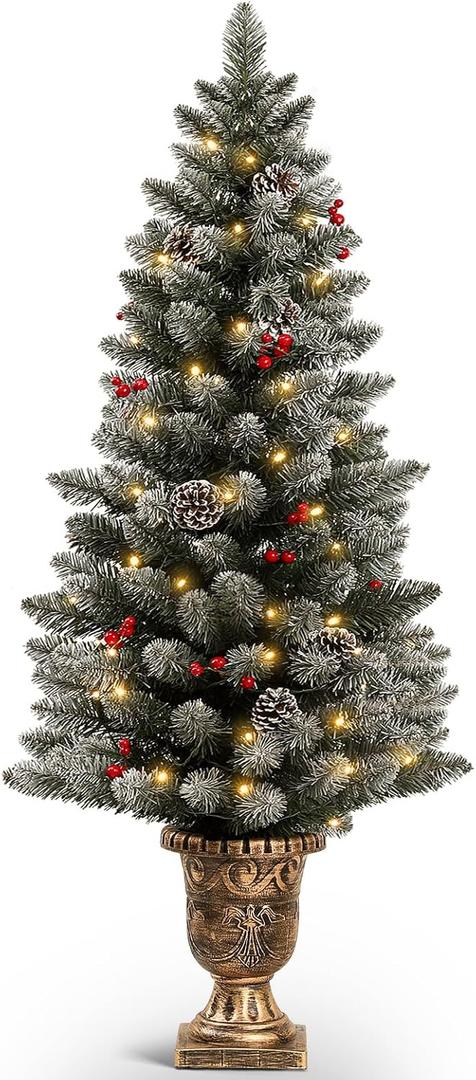 Decoway 4ft Christmas Tree Pre-Lit Artificial Mini Trees with Gold Pot Base, Flocked Snow 70 Warm White Led Lights Pine Cones Red Berries, for Entrances, Home Decorations Holiday Decor