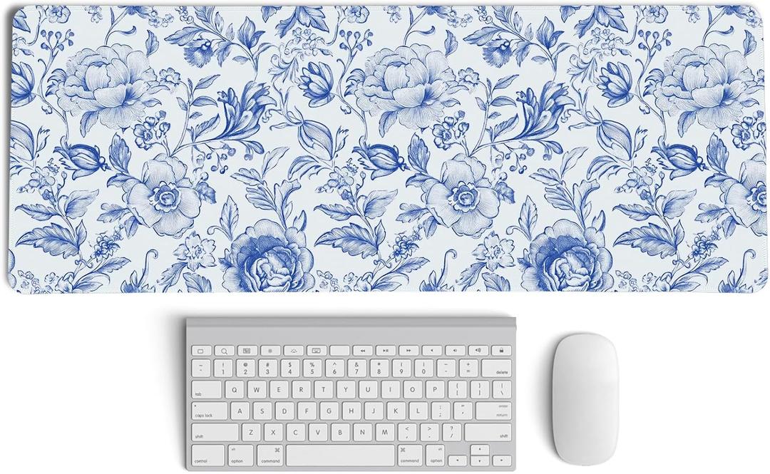 PaJiaNi Blue Chinoiserie Mouse Pad, Blue and White Floral Desk Mat, XL Large Floral Preppy Trendy Mouse Pad, Girly Gaming Mousepad, Girly Laptop Desk Mat for Dorm Home Office, 31.5x11.8 Inch