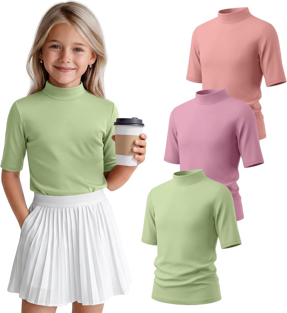3 Pack Girls' 1/2 Sleeve Shirts | Mock Turtleneck Shirts, Half Sleeve, Basic, Elbow Length, Casual, Going out, Basic, Stretch, Soft, 5-14 Years, Summer
