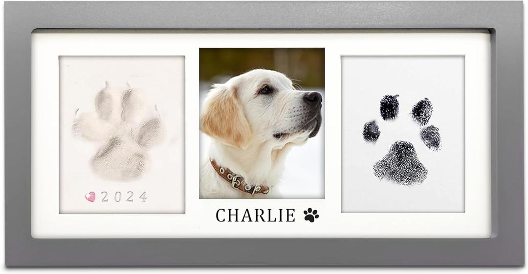 MYPAWLETS Paw Print Frame Kit,Dog/Cat Paw Print Kit,Soft Pawprint Clay&Clean Touch Ink Pad,Pet Paw Print Impression Kit with Customization Tool,Wooden Pet Memorial Frame,DIY Dog Lover Gifts-Grey