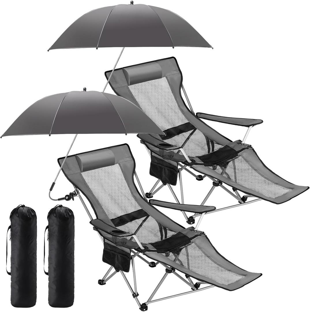 Yuntau 2 Set Reclining Beach Chairs with Umbrella & Footrest, Portable Adjustable Folding Mesh Lounge Chair with Headrest & Storage Bag for Camping, Fishing, Outdoor, Patio(Grey), 61.42 x 35.24 x 21.26 inches