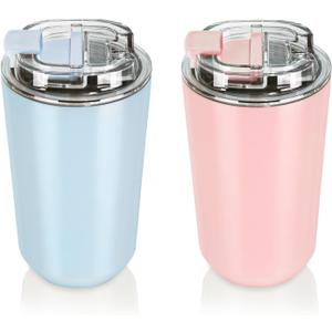 Puraville 2 Pack Insulated Tumblers with Lid, 14 oz Travel Coffee Mug Stainless Steel Vacuum Cup, Leak Proof Double Walled Coffee Tumbler for Iced and Hot Drinks,Pink and Light Blue