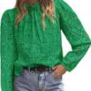 PRETTYGARDEN Tops for Women 2026 Spring Long Sleeve Blouses Dressy Casual Embroidered Eyelet Shirts Fall Going Out Outfits (Green, XXL)