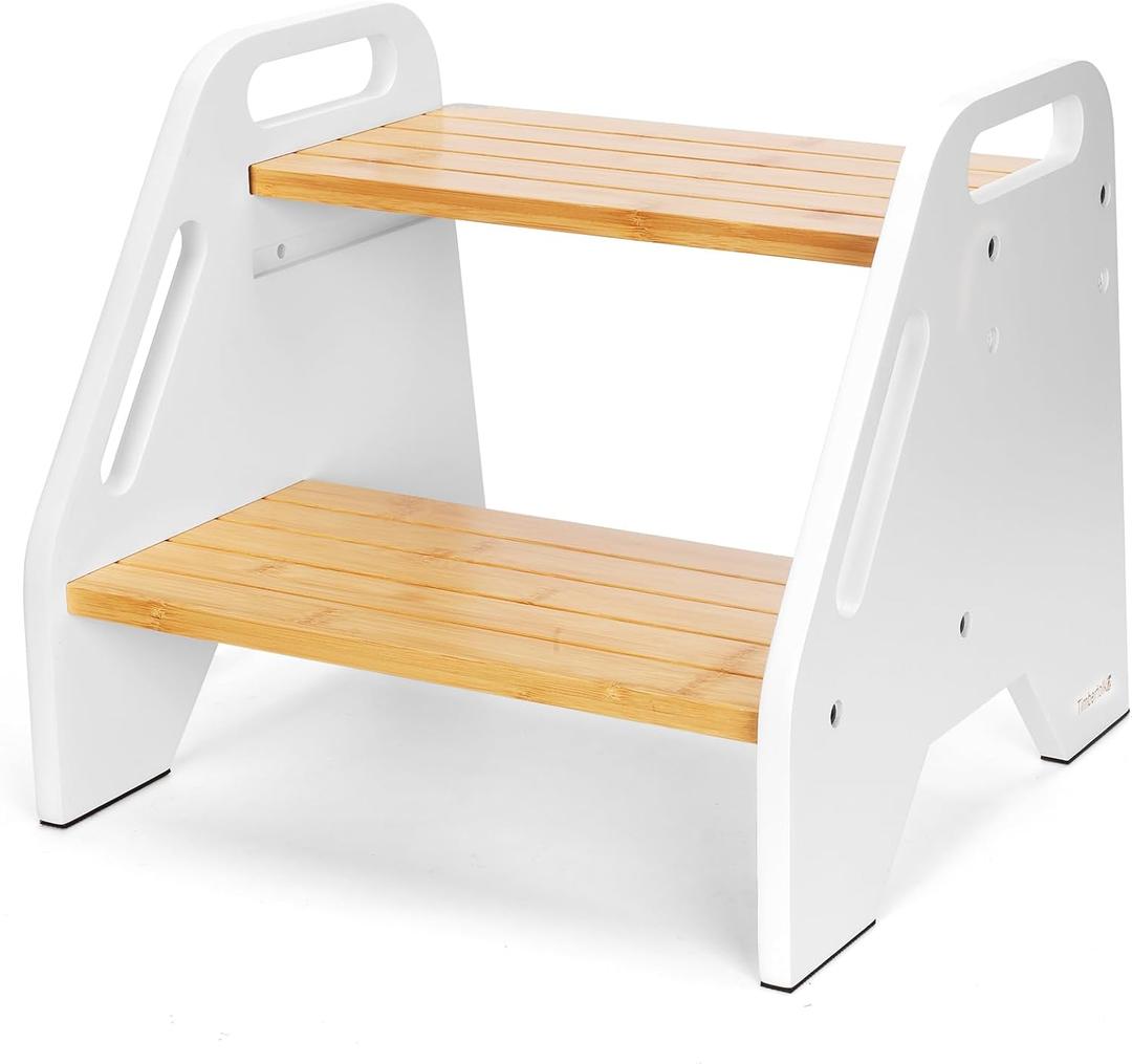 Toddler & Kids Step Stool, Adjustable Bamboo Wooden Step Stool with White Side Panels for Kitchen, Bathroom Sink & Toilet, Non-Slip 2 Step Stool, Sturdy Compact Design, 220 lbs Capacity