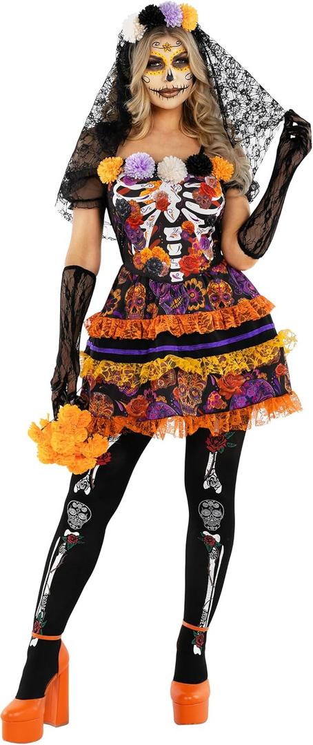 Morph Womens Day Of The Dead Costume Adult, Day of Dead Costume Womens, Dia De Los Muertos Dress Women Catrina Halloween (Large)