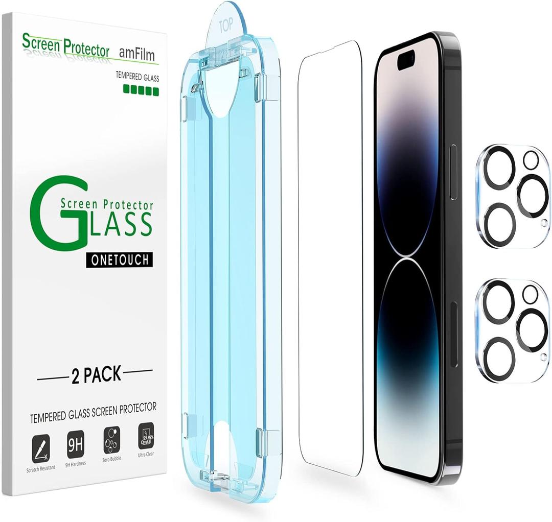 amFilm 2 Pack Tempered Glass Screen Protector + Camera Lens Protector for iPhone 14 Pro Max 6.7 Inch. Easy OneTouch Installation, AutoAlignment, Bubble Free, Case Friendly, AntiScratch