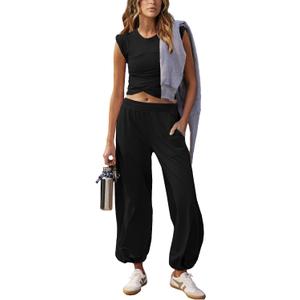 Outfeel Women 2 Piece Outfit Set Loungewear Cropped Tops and Jogger Sweatpant Matching Set Coordinated Sweatsuit with Pockets (Medium, Black)