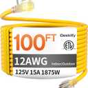 12 Gauge 100 FT Heavy Duty Outdoor Extension Cord Waterproof with Lighted End,Yellow 12 Gauge Extension Cord Flexible and Cold Resistant 3 Prong Grounded Plug,15Amp 1875W SJTW ETL Listed