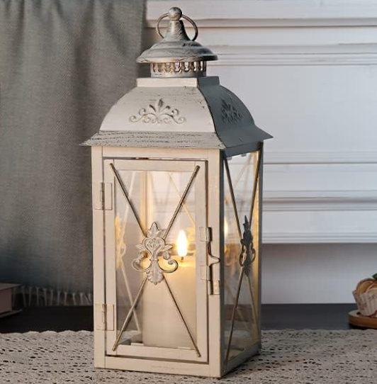 TRIROCKS Set of 2 Vintage Hanging Lantern - 13.5'' Decorative Metal & Tempered Glass Candle Holder - Ideal for Indoor/Outdoor Events, Patio, Garden, Parties White & Gold Brush Finish