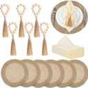 Gejoy 18 Pcs Round Burlap Placemats Wood Bead Napkin Rings with Dinner Napkins Cloth, Jute Heat Resistant Placemats Boho Wooden Rings for Plates Wedding Dining Table