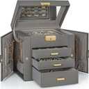 AKOZLIN 4-Tier Jewelry Box Leather Jewelry Storage Organizer with 3 Drawers Lockable for Women Girls Ring Necklace Earring Bracelet Holder with Mirror Dark Grey (Regular-4 Layer)