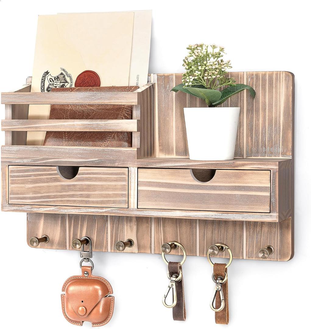 Rebee Vision Farmhouse Key Holder Wall Mount with 2 Drawer Organizer Key and Mail Holder for Wall with 6 Key Hooks & Shelf Home Essentials for Home Decor (Natural Wood)