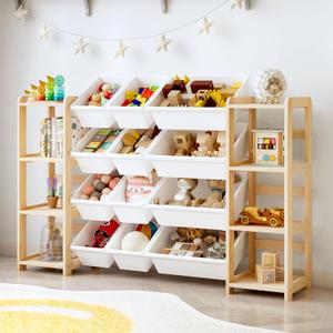 MallBest Extra Wide Toy Storage Organizer with 12 Bins and Dual Bookshelves  Solid Pine Wood Kids Toy Shelf and Bookcase for Bedroom, Nursery, or Montessori Playroom, (Natural)