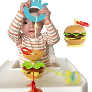 Hamburger Suction Cup Toys Holder for High Chair, Stroller Baby Toys 6-12 Months & Toddlers, 3 Tethers Keep from Falling, Great for Restaurant & Car Seat Airplane Travel