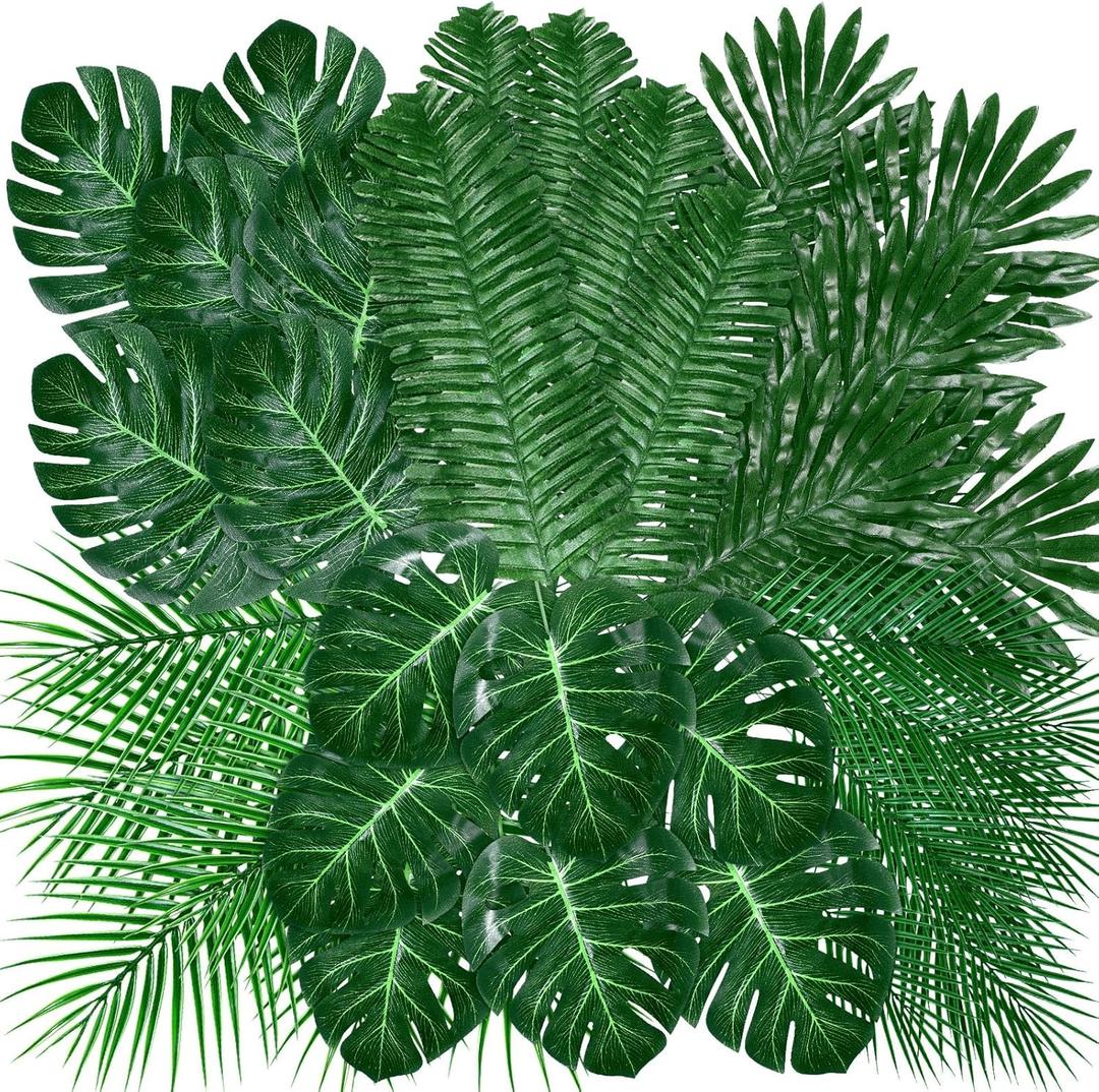 Giegxin 144 Pcs 6 Kinds Artificial Palm Leaves with Faux Stems Tropical Plant Monstera Safari Leaves for Hawaiian Party Decorations Beach Birthday Luau Party Decorations