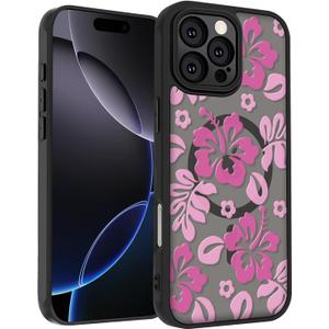 for iPhone 16 Pro Case, Black Floral Flower Pattern Case [Compatible with MagSafe] [Translucent Matte] Cute Slim Shockproof Protective Women Girls Phone Case 6.3", Pink Hibiscus Flower