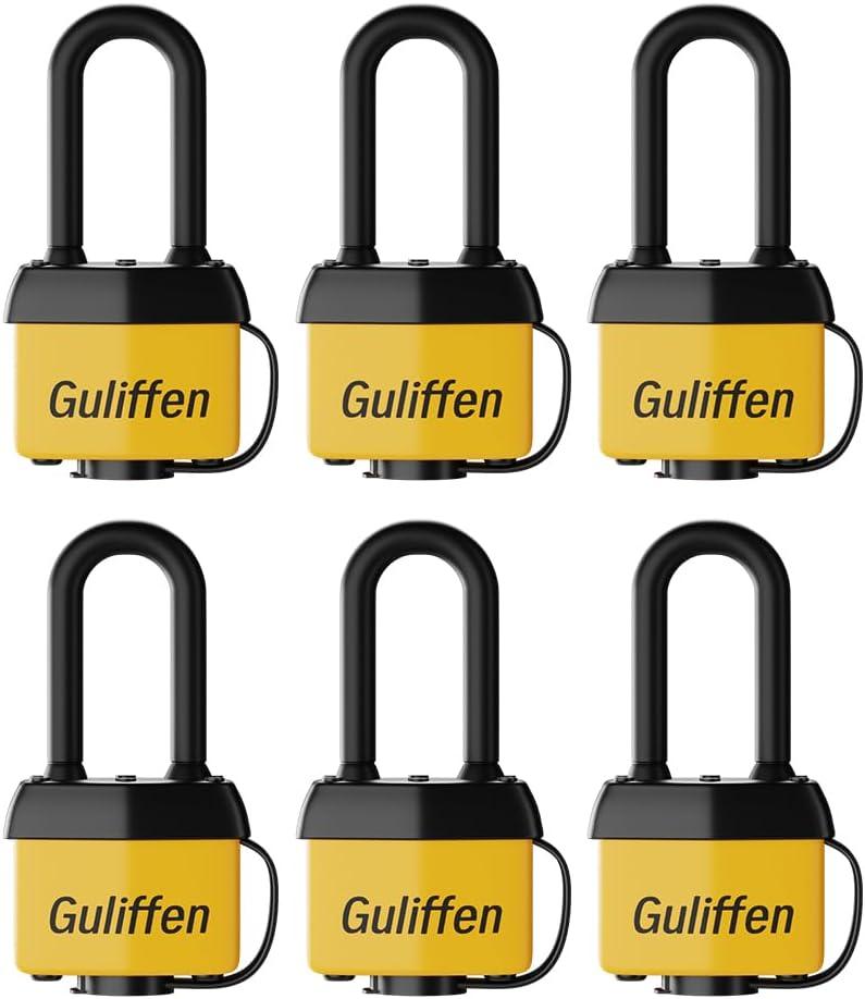 Guliffen Weatherproof Laminated Steel Padlock with Same Key, Outdoor Padlock with Long Shackle for Gate, Fence, Shed,Garage, 6 Pack