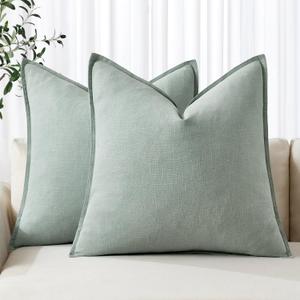 MIULEE Decorative Linen Euro Sham Pillow Covers 24x24 Aqua Green Boho Farmhouse Neutral Spring Couch Throw Pillows for Bed Pack of 2 Accent Modern Pillowcase Summer Sofa Livingroom Home Decor