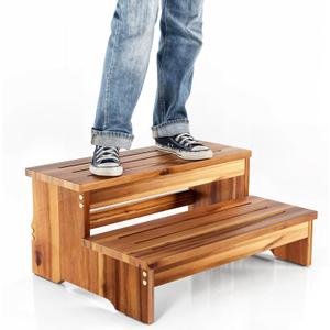 TINAMO 25" Long Step Stool for Adult & Kid - Wooden Two Step Stool 500 Lbs - Riser 2-Step Spa & Hot Tub Stairs for Pool - Heavy Duty 2 Step Stools for Bed, Kitchen/Outdoor - Patent Pending (Acacia)