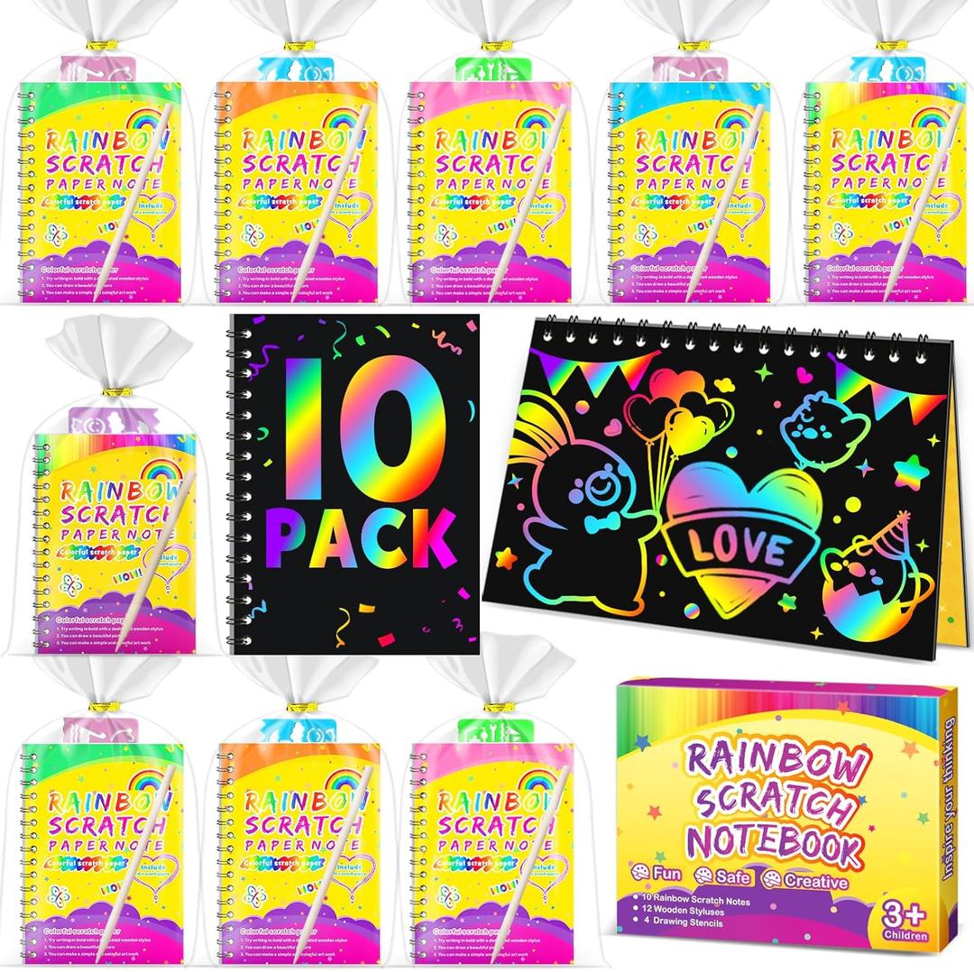 Party Favors for Kids 4-8-12: 10 Pack Scratch Rainbow Art Crafts Notebook, Coloring Book Goodie Bags Stuffers Kit, Bulk Birthday Gift Classroom Prizes Girl Boy Toddler