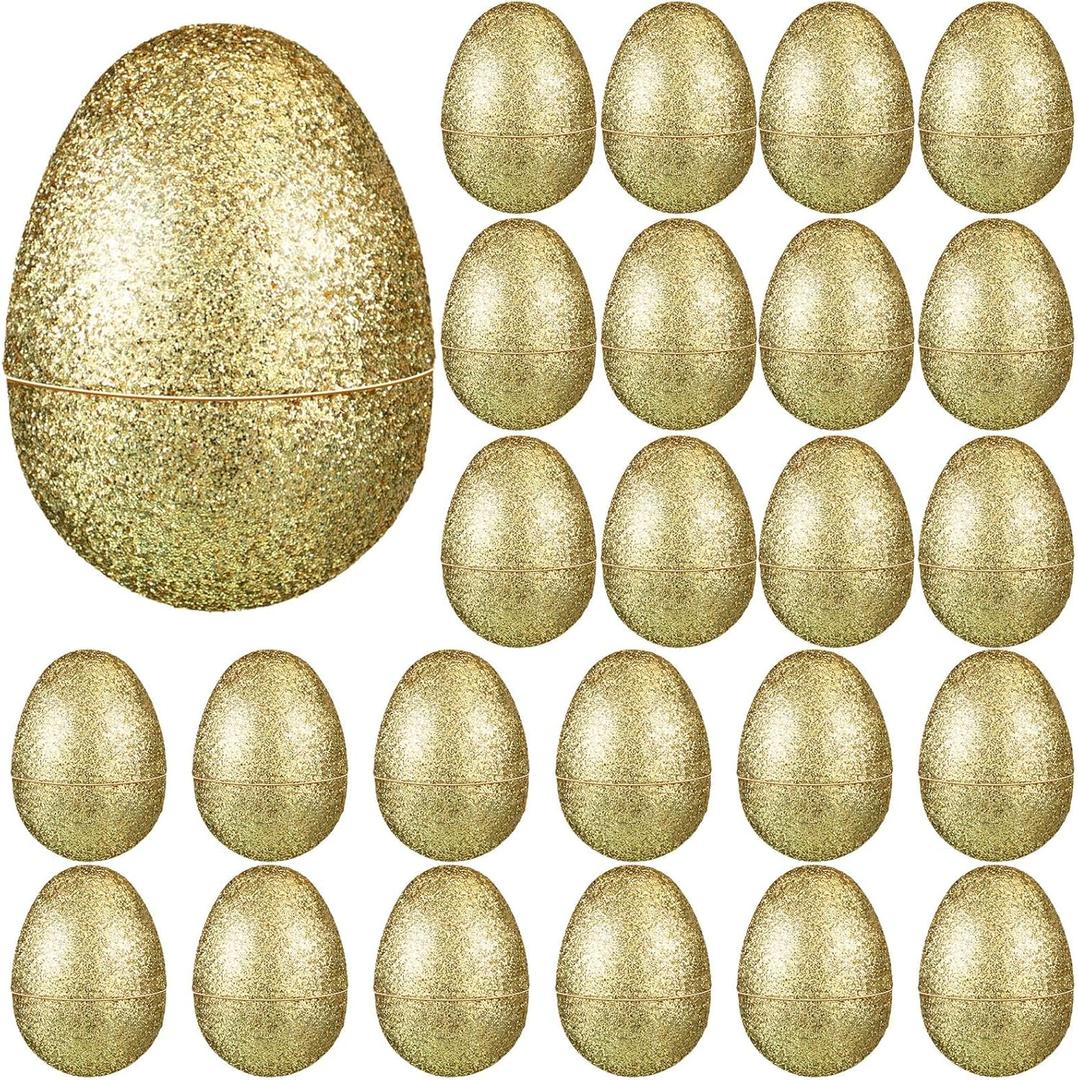 Simgoing 24 Pcs Glitter Easter Eggs Plastic Easter Fillable Hinged Eggs Bulk 2.3 Inch for Hunt Basket Stuffer Surprise Party Favor Treats Gifts (Gold)