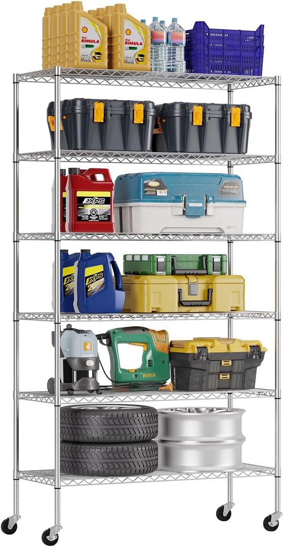 FDW 45"L18"W82"H Wire Shelving Unit Storage Cart Metal Shelf Rolling Utility Cart 2100Lbs Capacity with 6 Tier Casters Adjustable Layer Rack Strong Steel for Restaurant Garage Pantry Kitchen,Chrome