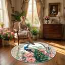 CCoutueChen 4x4 Washable Peacock Round Rug, Victoria Bird Floral Floor Mat for Adult Bedroom/Living Room, Soft Large Non-Slip Carpet Floor Mat for Kids Nursery Playroom Home Office