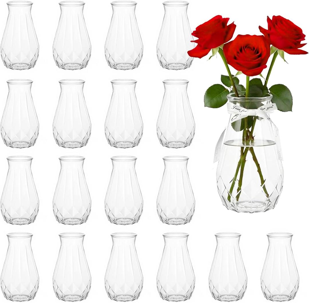 20 Pack Plastic Vases, 6 Inch Clear Acrylic Vase with Wrapping Ribbon, Bulk Small Plastic Vases for Centerpiece Flowers Home Wedding Party Decorations (18)