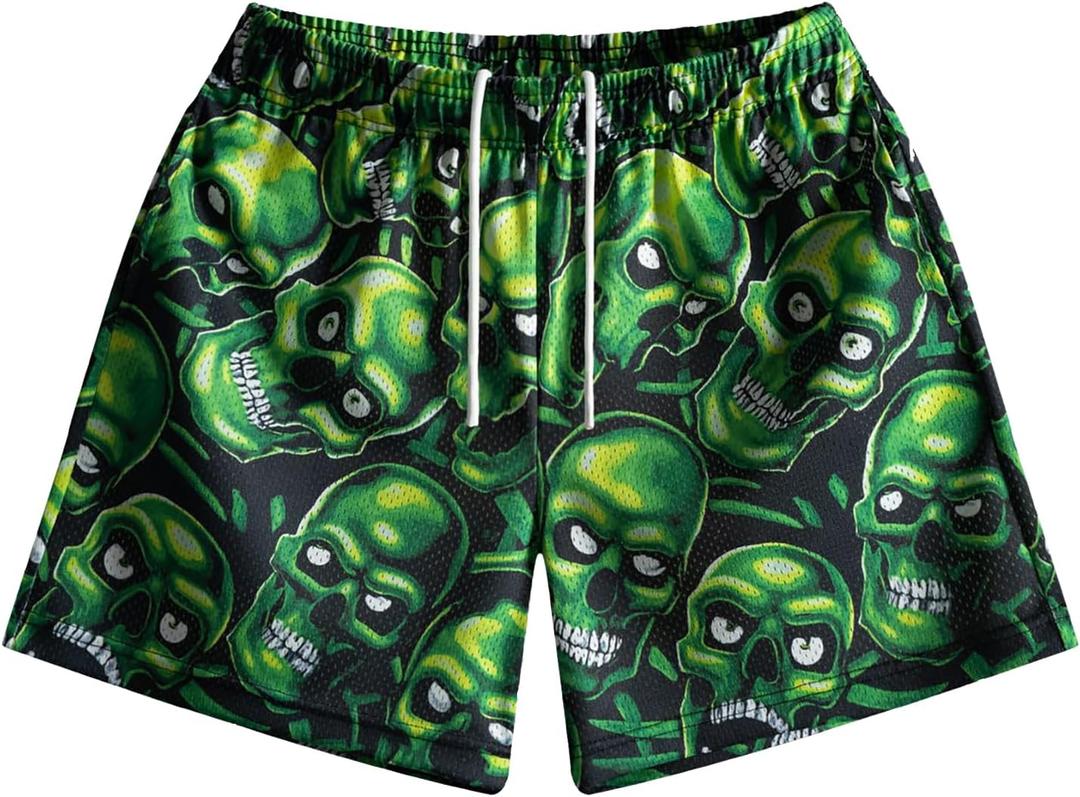 MECH-ENG Men's Graphic Print Mesh Athletic Shorts Basketball Streetwear Lightweight Drawstring Shorts with Pockets (Green, S)