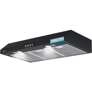 36" Under Cabinet Range Hood, Convertible Ducted/Ductless, 700 CFM Powerful Suction, 3-Speed Touch Control, 2 LED Lights, 6-Layer Stainless Steel Filters, Black