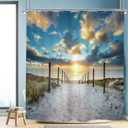 Riyidecor Ocean Beach Shower Curtain 72Wx72H Inch Beachy Coatsal Seaside Seashore Summer Tropical Sunset Nature Landscape Bathroom Decor Fabric Polyester Waterproof 12 Pack Hooks