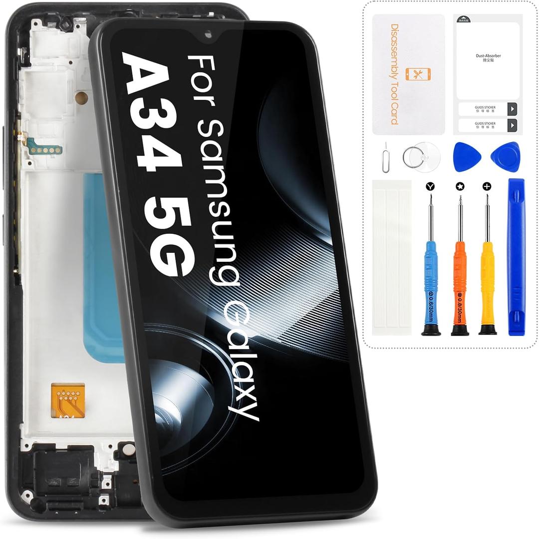 for Samsung Galaxy A34 Screen Replacement for Samsung A34 5G LCD Display with Frame A346E A346M A346B/DS Screen Touch Digitizer Assembly with Tools, Black No Fingerprint