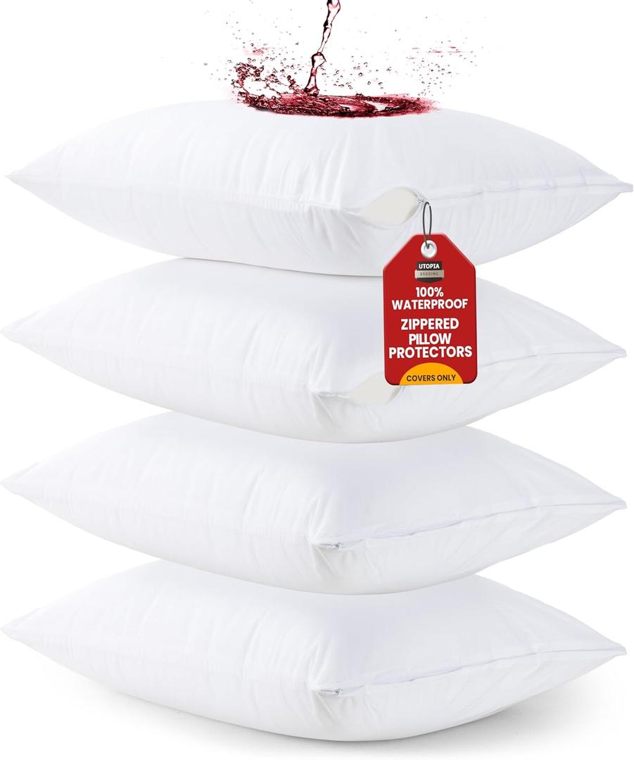 Utopia Bedding Waterproof Queen Size Pillow Protectors Zippered (4 Pack, White), Dust Mite and Bed Bug Proof Pillow case Protectors, Moisture Wicking Pillow Encasement Covers 20 x 28 Inches