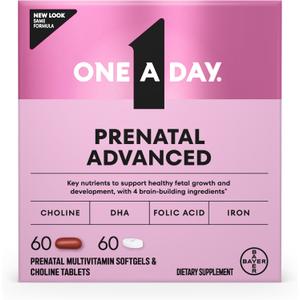 One A Day Prenatal Advanced- Prenatal Vitamins with Folic Acid, Choline, DHA & Iron, Pregnancy Vitamins for Women to Support Baby’s Development, 60+60 Ct (120 Total Set), EXP: 2027/02