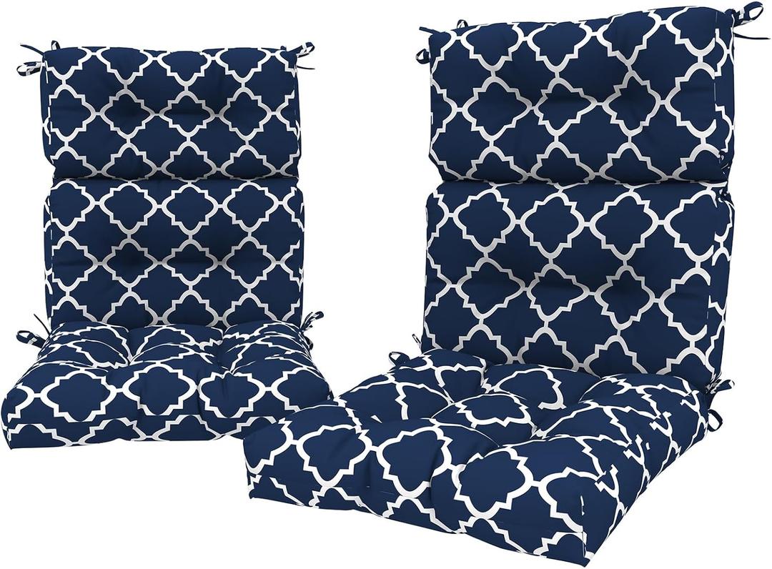 LVTXIII Outdoor Seat/Back Chair Cushion Patio Tufted High Back Cushion, Seasonal Replacement Rocking Chair Cushion with Ties (22" W x 20D, Set of 2, Geomentry Navy)
