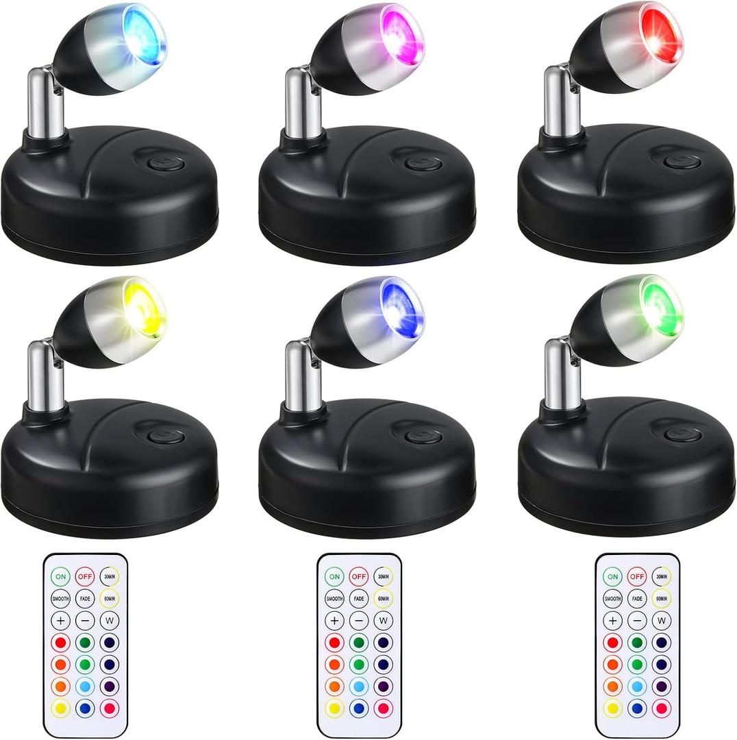 6 Pieces Battery Operated Spotlights Indoor LED Wireless Spotlight Indoor 13 Color up Lights with Rotatable Light Head Stick on Wall Hallway for Painting Picture Artwork Closet (Black)