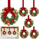 6 Pcs Small Christmas Wreath, 10 Inch Mini Christmas Kitchen Cabinet Wreaths with Gold Red Balls Holly Pine Tips Pinecone Berried Red Bow Mini Wreaths for Windows Wall Stair Chair Farmhouse Home Decor