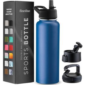 FineDine Triple Walled, Insulated Water Bottles with Straw - 40 Oz Stainless Steel Metal Bottle W/ 3 Leak Proof Lids - For Travel, School, Sports, Gym/Men, Women & Kids - Majestic Sapphire