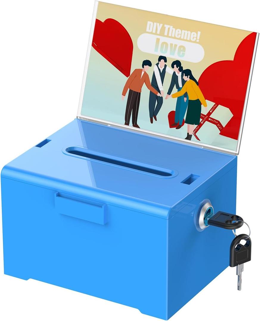 Uniclife Acrylic Donation Box with Lock and Sign Holder Blue Ballot Box with Slot Plastic Suggestion Box Tip Jar Cash Storage Container Drop Box for Fundraising Voting Raffle Charity, 6.2" x 5" x 4" 