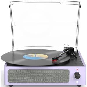 WOCKODER Turntable Vinyl Record Players New Sleek Turn Tables with Speakers Belt-Driven All-in-one LP Phonograph 3-Speed Bluetooth Wireless Playback Headphone AUX RCA Auto Stop Pale Light Purple